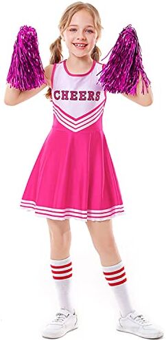 LOLANTA Costume Cheerleader Bambina,Raggaze Vestito Carnevale Cheerleadering con Pompon (13-14 Anni, Rosa,Tag M/170)