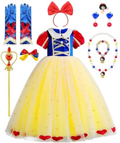 YYDSXK Vestito Principessa Bambina, Vestito Biancaneve Bambina, Costume Biancaneve con Collana Set, Vestito Carnevale Bambina, Snow White Dress per Halloween Carnevale Cosplay Compleanno Natale Festa