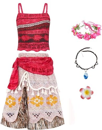 YOSICIL Abito Bambina Moana Vestito da Principessa Vaiana per Bambina Cosplay Costume Oceania Ragazza Natale Carnevale Compleanno Halloween Costumi Vestito per Ragazze Moana,Rosso 150