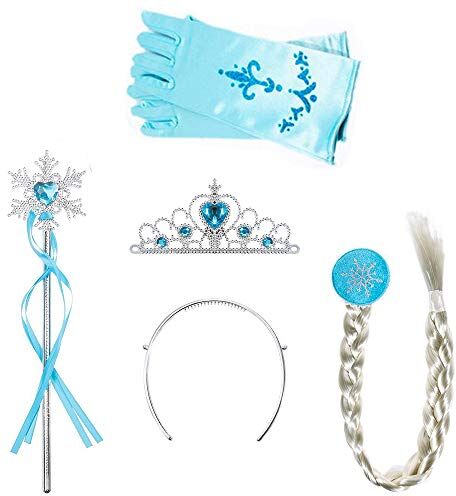 Amacoam Amaoma 4 Pezzi Vestito Elsa Frozen Bambina Accessori Set da Principessa dei Ghiacci Corona Principessa Bacchetta Magica Treccia a Clip Guanti Set per Costume da Principessa (Azzurro)