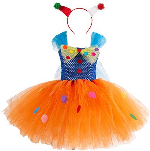 HIHCBF Circo Clown Ragazza Costume di Carnevale Colorato Tutu Vestito Bambini Divertente di Ruolo Halloween Natale Cerimonia Compleanno Abiti w/Hair Hoop 4-5 anni