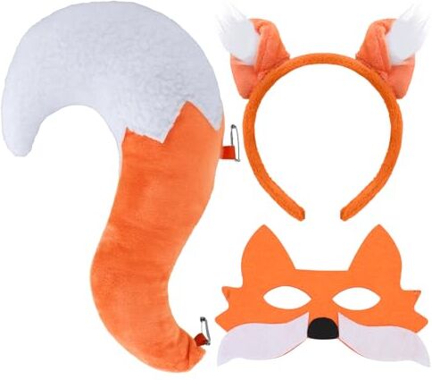 XEPST Animale Fox Costume Set, Fox orecchie e coda Set con Fox fascia coda di volpe Volpe Maschera per Animale Costume Cosplay Festa di compleanno Accessori Halloween Costume Fancy Dress Carnevale