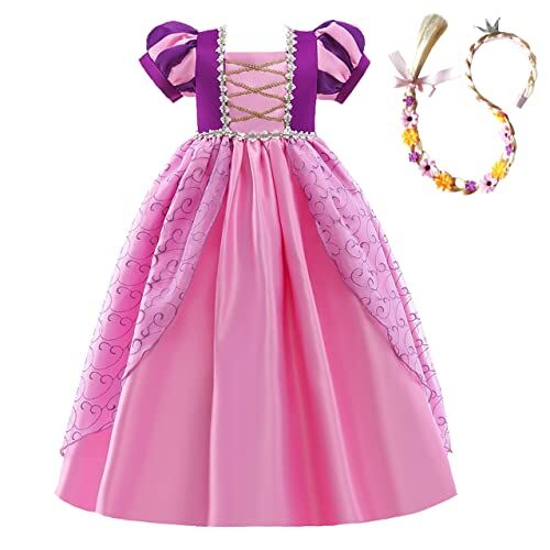 Lito Angels Vestito Costume da Principessa Rapunzel con Parrucca Treccia per Bambina, Taglia 5-6 Anni, Manica Corta, Rosa Viola