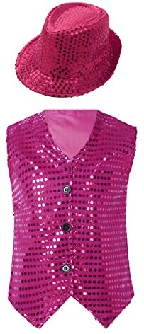 Freebily Gilet Pagliaccio Paillettes Bambino Bimbo per Danza Jazz Costume Gilet Carnevale Spettacoli Saggi con Cappello Smanicato Waistcoat per Natale Compleanno Halloween Rosa rosso A 13-14 anni