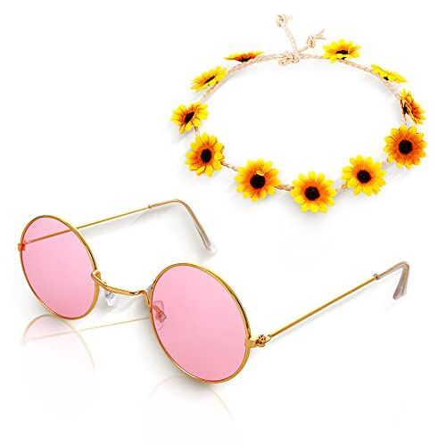 Yolev Hippie Accessori per Feste Abbigliamento Hippie Anni '60 Anni '70 Accessori da Donna per Feste da Uomo Set di Abbigliamento Include Fiori Capelli Donna Corolla Hippie e Occhiali Carnevale Halloween