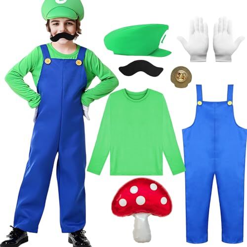 Marypaty Costume Mario Adulto Bambini, Costume Mario-bros con Cappello, per feste di Halloween, feste di Carnevale (XL, Bambini (Verde))