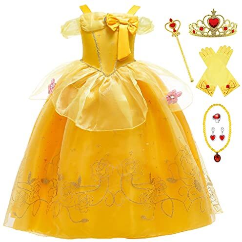 New front Vestito da Principessa Belle Vestito Belle Bambina con Accessori Vestito Elegante Bambina per Festa di Lusso Halloween Compleanno Carnevale et Natale Giallo 100