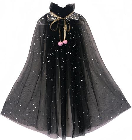 Proumhang Capo Principessa per Ragazze,Mantello Principessa Colorato,Paillettes Scintillanti Tulle Principessa Fancy Dress,Halloween Carnevale Mantello per 3-8 anni Ragazze Nero M