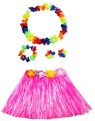 duoyif Hula Hawaiana Festa Hula Gonne d'Erba Con Collana Hawaiana, Costume Festa Hawaiana, Gonna Luau Gonna Hula Per Hawaii Festa Spiaggia Estive Danza Bar Festival Compleanno Carnevale 40Cm (Rosa)