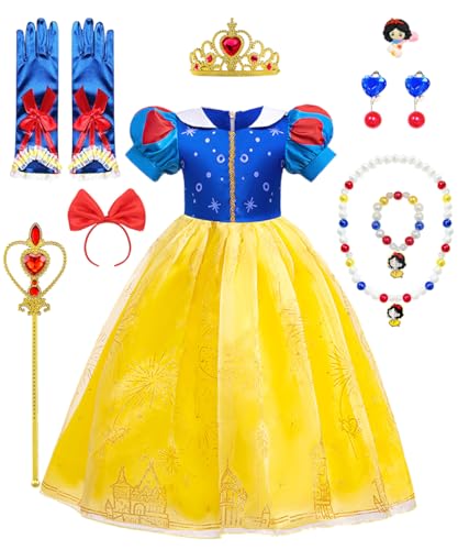 YYDSXK Vestito Principessa Bambina, Vestito Biancaneve Bambina, Costume Biancaneve con Collana Set, Vestito Carnevale Bambina, Snow White Dress per Halloween Carnevale Cosplay Compleanno Natale Festa