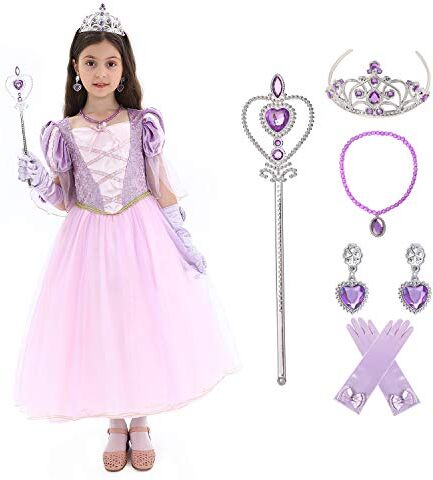 Sincere Party Costume da principessa Rapunzel per ragazze, Rapunzel finta di giocare in costume con accessori 7-8 anni