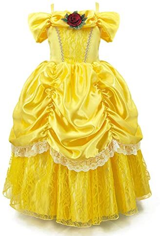 CinheyU La Bella e La Bestia Carnevale Costumi per Bambine Belle Principessa Compleanno Abiti Ragazze Natale Halloween Cosplay Cerimonia Festa Tulle Vestito 8-9 anni