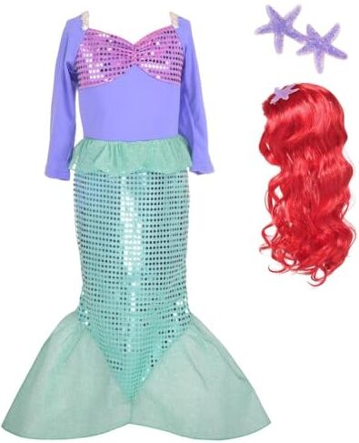 Lito Angels Vestito da Sirenetta Principessa Ariel Costume Sirena con Parrucca di Capelli per Bambina, Taglia 7-8 Anni, Viola (Etichetta in Tessuto 130)