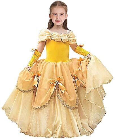 CinheyU La Bella e La Bestia Carnevale Costumi per Bambine Belle Principessa Compleanno Abiti Ragazze Natale Halloween Cosplay Cerimonia Festa Vestito Con Maniche Per Le Braccia 8-9 anni