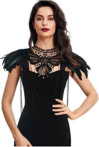 keland Maleficent Costume Gotico Piuma Spalline Epaulettes Pizzo Collare Steampunk Petto Catena Corpo Gioielli (Nero-002)