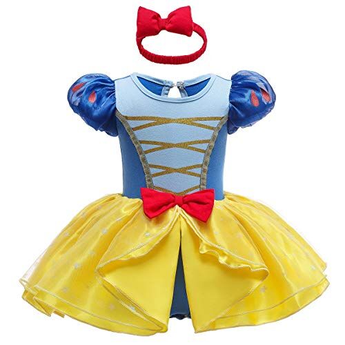 MYRISAM Vestito da Principessa Biancaneve Pagliaccetto per Bimba Bambina Costume di Carnevale Halloween Cosplay Compleanno Body Festa Natale Abiti con Archetto 6-9 mesi