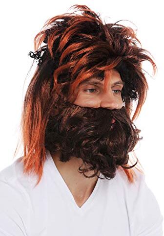 WIG ME UP DT9383-P103T130 Set Barba & Parrucca Uomo Carnevale Scompigliati Uomo primitivo Neandertal Nero Castano Rossiccio Mèches