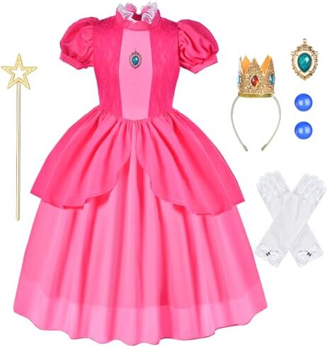 Aomig Peach Princess Costume per Bambini, 6Pz Peach Princess Rosa Fancy Dress in Pizzo, Peach Cosplay Costume con Accessori per Halloween Carnevale Festa Compleanno, 100cm