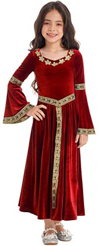 MSemis Vestito Rinascimentale Bambina Abito Carnevale con Manica Svasata Vintage Vestito da Principessa Medievale Cosplay Travestimento Costume di Halloween Fancy Dress Rosso B 13-14 anni