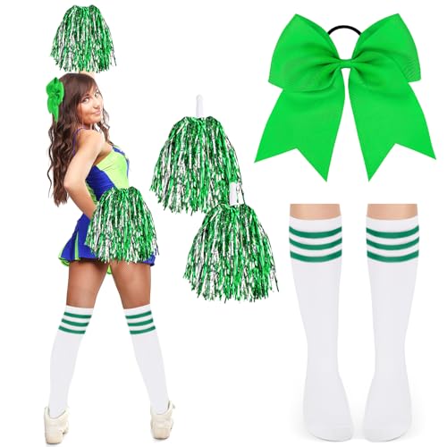 DPKOW Accessori Costume Cheerleader Donna, Ragazze Costume Cheerleader Carnevale Ragazze Ragazze Costume Calcio Accessori Cheerleader Pompoms Verde Archi Capelli Gags Calze Signore Accessori Halloween