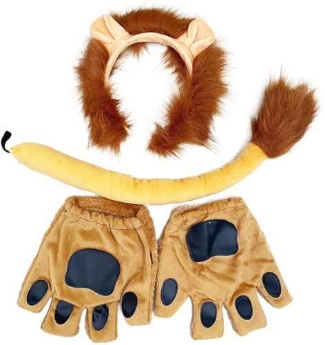 DKDDSSS Set da 4 Pezzi di Leone Cosplay, Leone Cerchietto Orecchie, Coda di Leone, Guanti Zampa di Leone, Adulti Cosplay Accessori Costume, Costume da Leone per Costume Carnevale Donna e Uomo