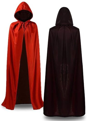 EMITUOFO Mantello Cappuccio Rosso Nero, Mantello Vampiro per Festa in Maschera di Halloween per Bambini Ragazzi Ragazze Cosplay Medievale Diavolo Costume Carnevale di Halloween (XS-90CM)