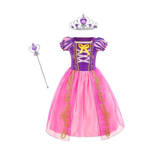 Gridamea Vestito Rapunzel Bambina-Costume da principessa viola con bacchetta magica e corona diadema per matrimonio/festa/cosplay