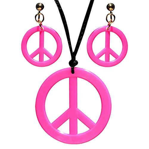 WIDMANN Set Collana E Orecchini Hippie, Adulto Unisex, Anni '60, Anni '70, Carnevale, Feste A Tema, Colore Rosa