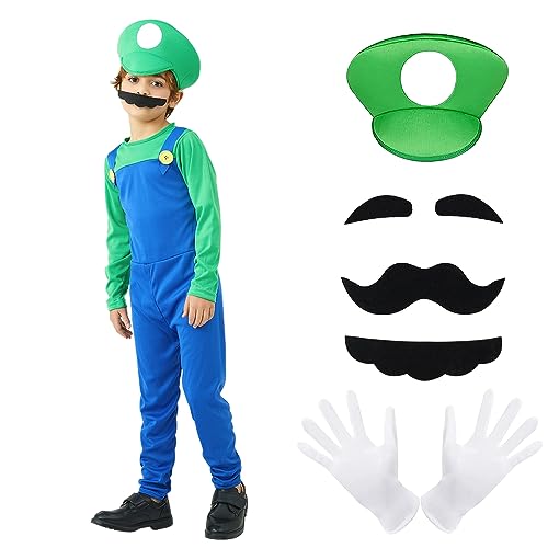 YYDSXK Bambino, Luigi Fancy Outfit, Costumi Cosplay Mario per Ragazzo,  Adulto con Cappello, Guanti, Barba per Bambino Compleanno Natale Halloween Carnevale Cosplay