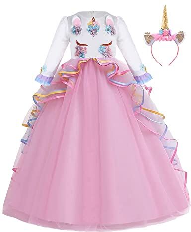 REXREII Unicorno Principessa Vestito Carnevale Costumi per Ragazze Compleanno Natale Halloween Cosplay Cerimonia Festa Tulle Abito Maniche Lunghe con Cerchietto Rosa 12-13