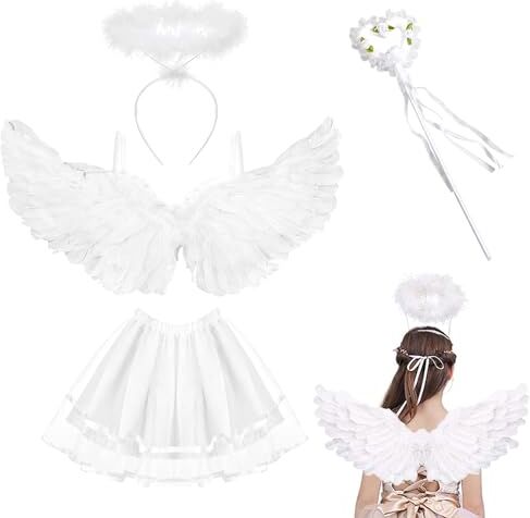 JurciCat Set di 4 pezzi di ali angelo(Bianco) Vestito angelo halloween Ali da angelo Adatto a bambini e adulti Vestire il martedì grasso ali angelo cosplay Party Aureola angelo