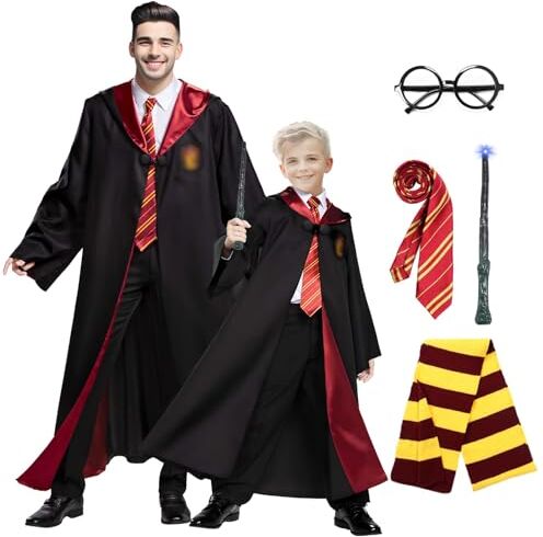 Formemory Costume Halloween Adulto Mantello Costume Mago Bambino Vestito Halloween con Bacchetta Magica, Mantello, Occhiali (145cm/4.7ft, Magica Costume)