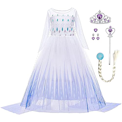 LiUiMiY Ragazze Abiti da Principessa Elsa Costume Manica Lunga Compleanno Cosplay Party Halloween Cearnevale Natale Fancy Dress Up Costume con Accessori Mantello Lungo Bianco, 6-7 Anni (Etichetta 140)