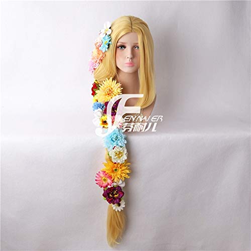 GJBXP Parrucca cosplay aggrovigliata Principessa Rapunzel Trecce lunghe Fiori artificiali Copricapo Donna Bionda Capelli sintetici Parrucca e fiori per adulti