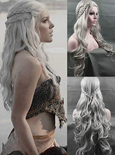 RONGYEDE Parrucca anime cosplay Daenerys Targaryen argento ondulata principessa drago Game of Thrones trecce Cosplay parrucche costumi taglia unica argento