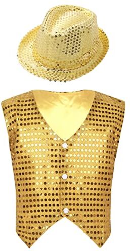 Freebily Gilet Pagliaccio Paillettes Bambino Bimbo per Danza Jazz Costume Gilet Carnevale Spettacoli Saggi con Cappello Smanicato Waistcoat per Natale Compleanno Halloween Oro 11-12 anni