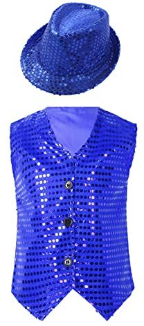 Freebily Gilet Pagliaccio Paillettes Bambino Bimbo per Danza Jazz Costume Gilet Carnevale Spettacoli Saggi con Cappello Smanicato Waistcoat per Natale Compleanno Halloween Blu A 7-8 anni