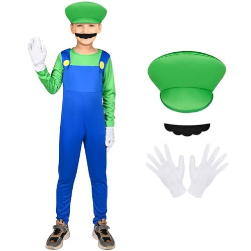 AOOWU Costume Mario Bambino, Costume Videogiochi Bambini con Cappello + Guanti + Barba, Costume Cosplay Mario Tema, Costume Mario Bros per Halloween Carnevale