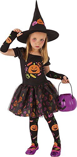 Rubie's Rubies Costume da Strega Candy per bambina, Abito da strega con maniche, calze e cappello con disegni di zucca stampati, Originale di Rubies, Ideale per Halloween, carnevale e compleanni