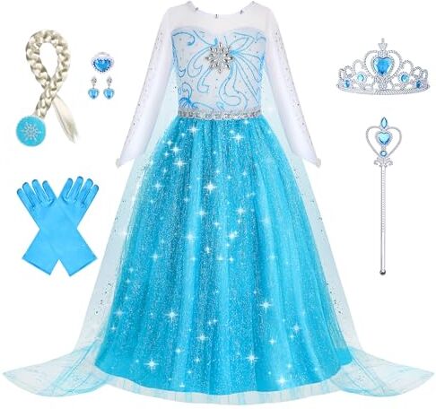 Foierp Elsa Vestito Set Costume Elsa Anna Frozen Bambina Principessa con Corona Bacchetta Guanti Treccia per la Halloween Cosplay Party Compleanno Vestito Fantasia