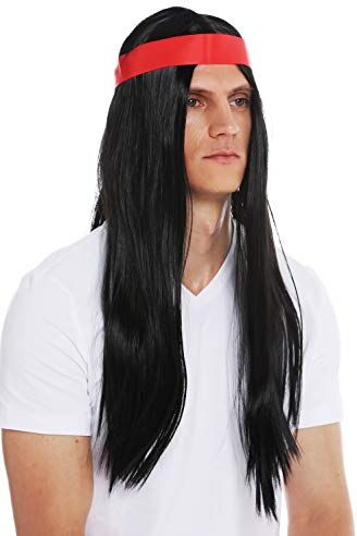 WIG ME UP 7093-P103 Parrucca Halloween Carnevale Uomo Donna Anni 70 Hippy Indiana Nero Lunga Liscia Riga in Mezzo Fascetta Fronte