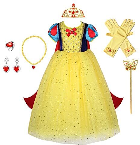 REXREII Ragazze Principessa Biancaneve Carnevale Costumi Travestimento Fantasia Vestire Compleanno Festa di Nozze Cerimonia Natale Halloween Cosplay Abito con Mantello Accessori 9-10 anni