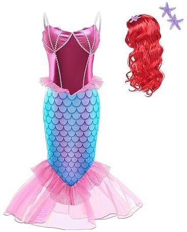 Lito Angels Costume da Sirenetta Vestito Principessa Ariel Sirena con Parrucca per Bambina Taglia 2-3 Anni, Rosa (Etichetta in Tessuto 100)