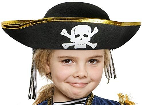 BALINCO Cappello da pirata nero con bordo dorato e teschio per bambini accessorio per costumi per ragazze e ragazzi per il carnevale