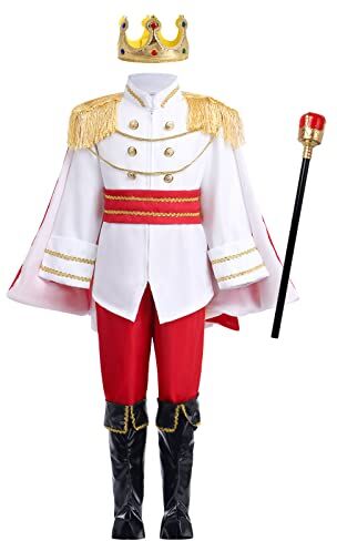 FYMNSI Costume da principe favoloso per bambini e ragazzi principe affascinante costume medievale top mantello pantaloni cintura corona scettr Halloween cosplay carnevale festa travestimento rosso 3-4 anni