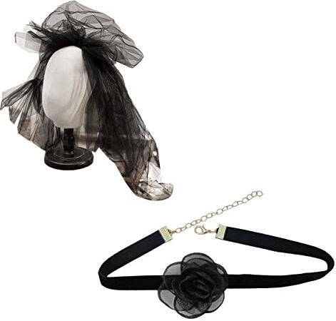 Mabta Cerchietto floreale gotico nero fiore copricapo collana girocollo velo tulle cosplay accessorio costume gioielli di Halloween nero floreale fiore fasce per donne ragazze collane girocollo velo