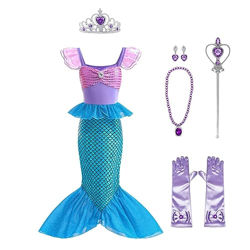 Lito Angels Costume da Sirenetta Vestito Principessa Ariel Sirena con Accessori per Ragazza Taglia 7-8 Anni, Viola Blu (Etichetta in Tessuto 140)