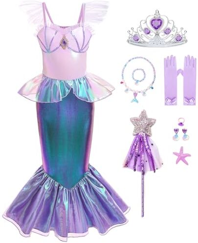 ZaisuiFun Vestito Sirenetta Ariel Bambina Costume Principessa Sirena Ragazze con Accessori per Halloween Carnevale Natale Compleanno