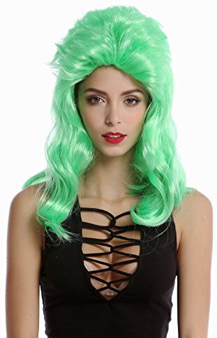 WIG ME UP -DDH-F802-PC15B Parrucca Donna Halloween Carnevale Sexy Vamp Anni 80 Bestia Diva Lunga Verde Verde Chiaro Cotonata Ciuffo