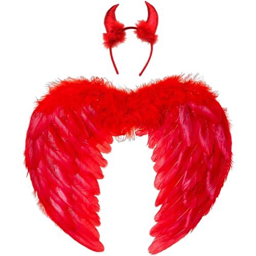 Winwild Ali d'Angelo Rosso con Le Corna del Diavolo Amore Ali d'Angelo Bambini Angelo Costume Ali di Piume Angelo Scuro Costume Bambini Halloween Carnevale Cosplay Accessori (45CM×35CM)